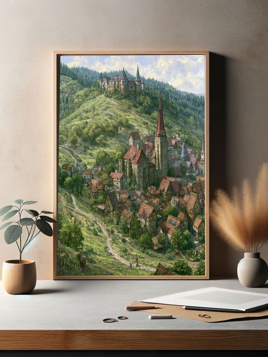 Mountain Village Fantasy Illustration Poster. — room view 2