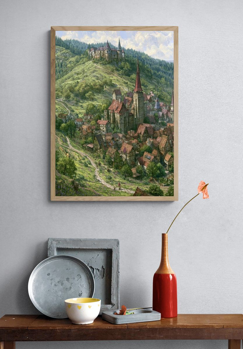 Mountain Village Fantasy Illustration Poster. — room view 3