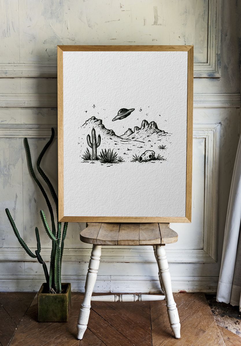 Desert UFO Ink Print. room preview