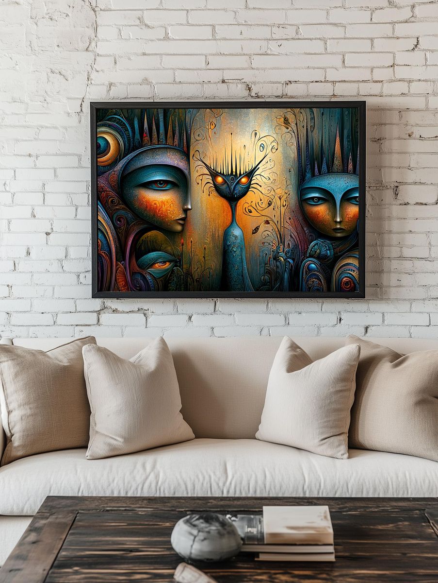 Surreal Masked Faces Illustration Poster. — room view 1