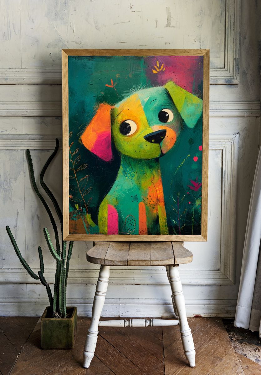 Colorful Puppy Illustration Poster. — room view 1