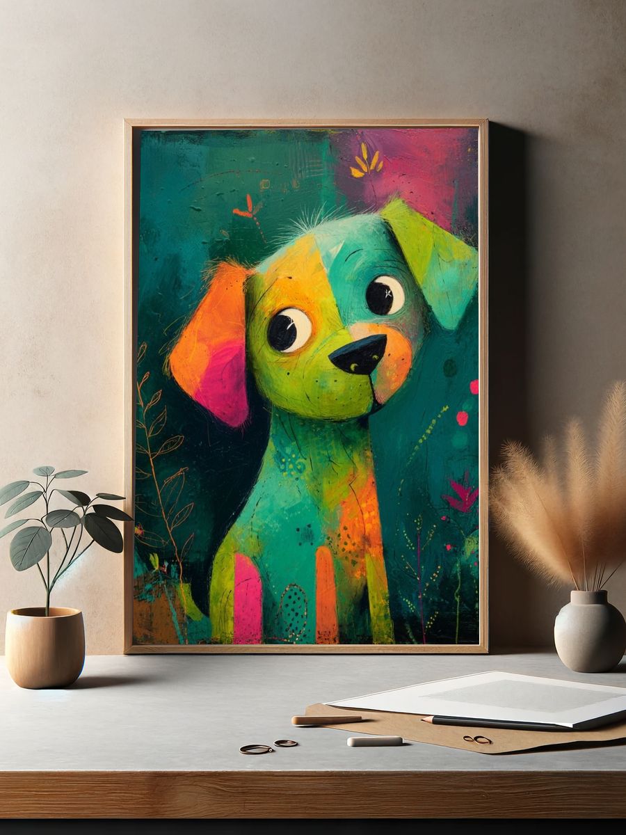 Colorful Puppy Illustration Poster. — room view 2