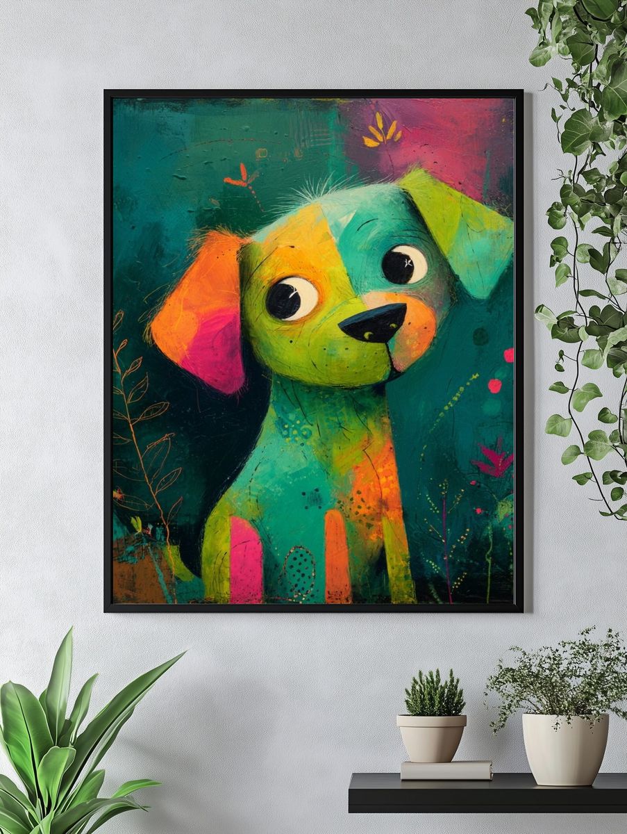 Colorful Puppy Illustration Poster. — room view 4