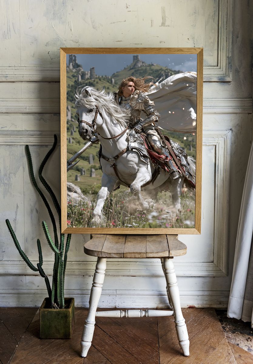 Armored Knight on White Horse Poster. — room view 1