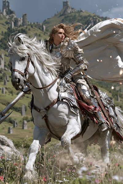 Armored Knight on White Horse Poster. poster print