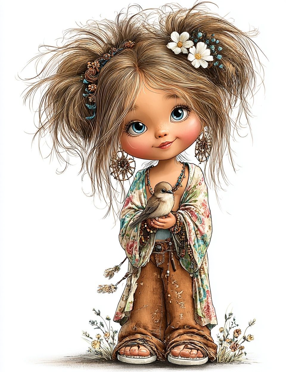 Boho Doll with Bird Illustration Poster. poster — illustration art