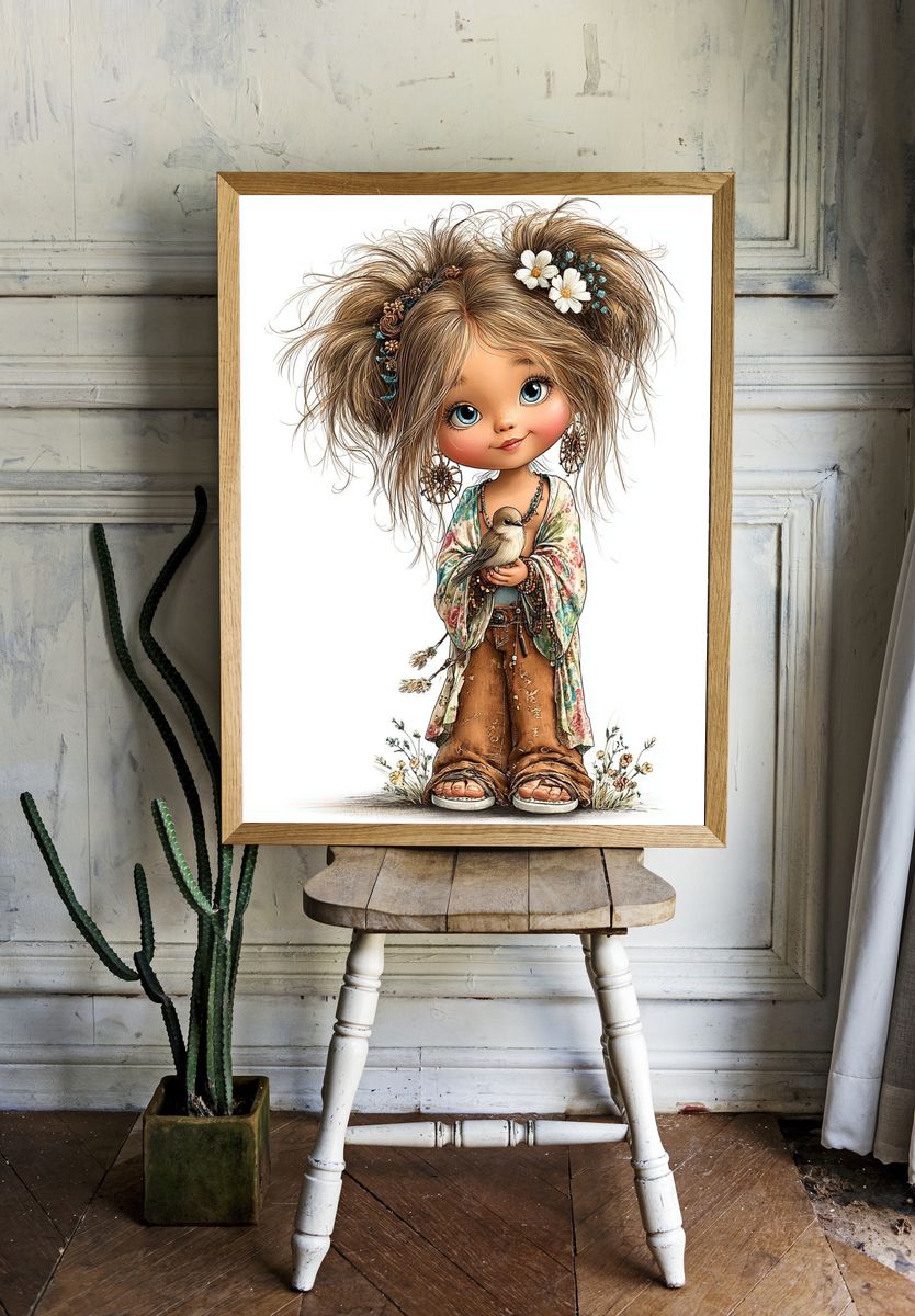Boho Doll with Bird Illustration Poster. — room view 1