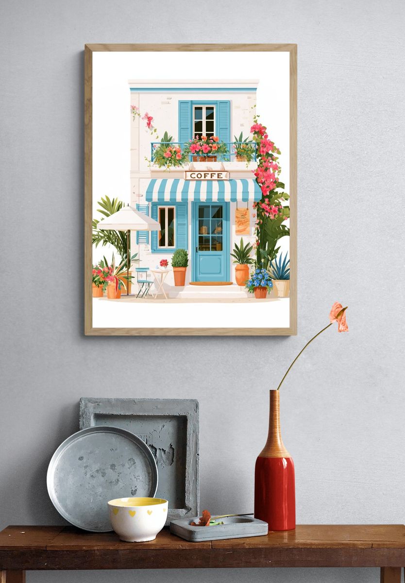 Mediterranean Cafe Facade Illustration Poster. — room view 3