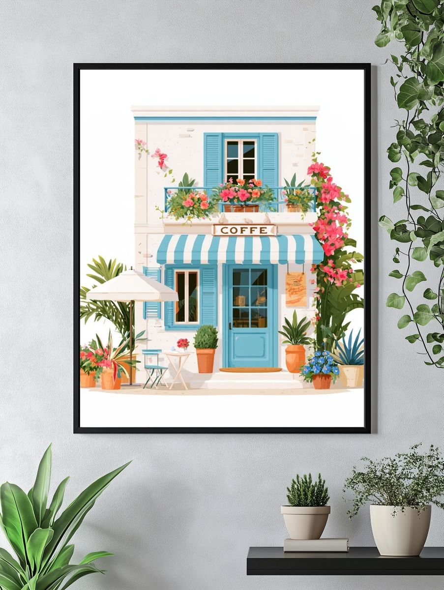 Mediterranean Cafe Facade Illustration Poster. — room view 4
