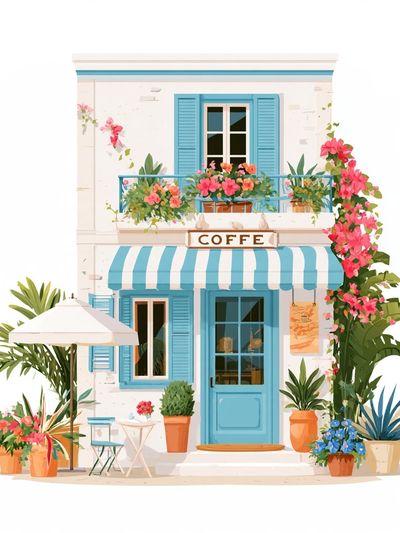 Mediterranean Cafe Facade Illustration Poster. poster
