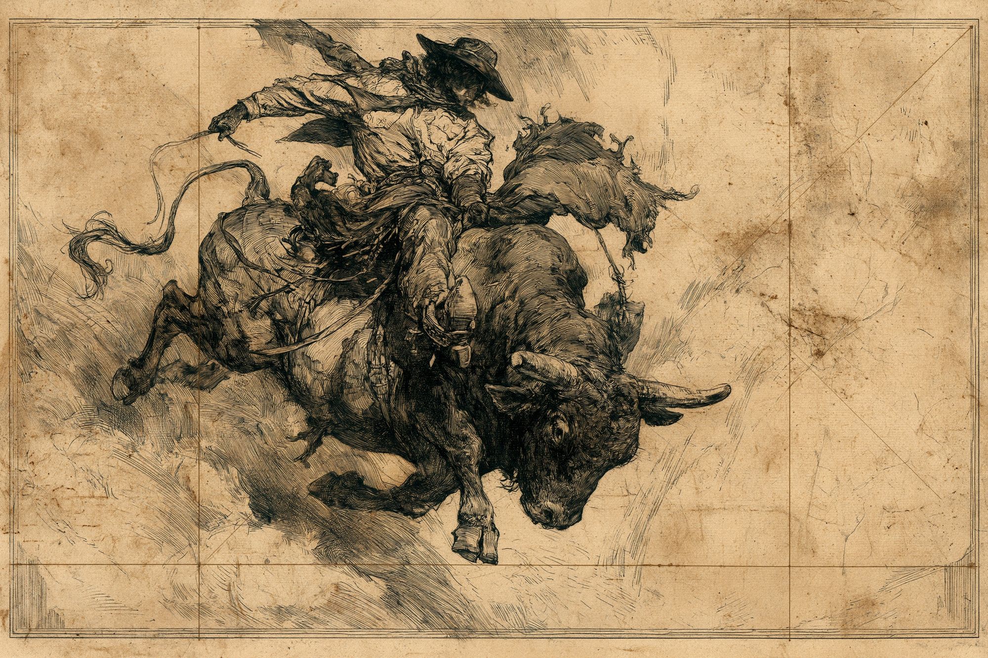 Cowboy Bull Ride Illustration Poster. poster detail