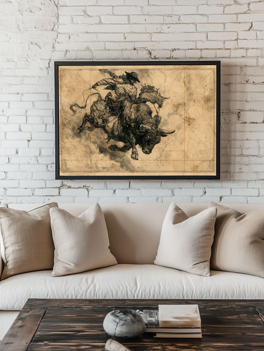 Cowboy Bull Ride Illustration Poster. — room view 1