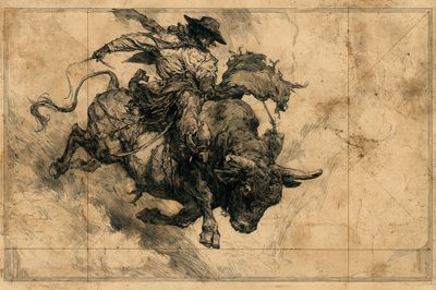Cowboy Bull Ride Illustration Poster.