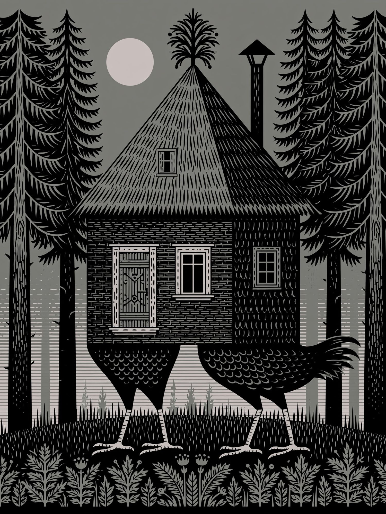 Forest Cabin and Bird Illustration Poster. poster — illustration art
