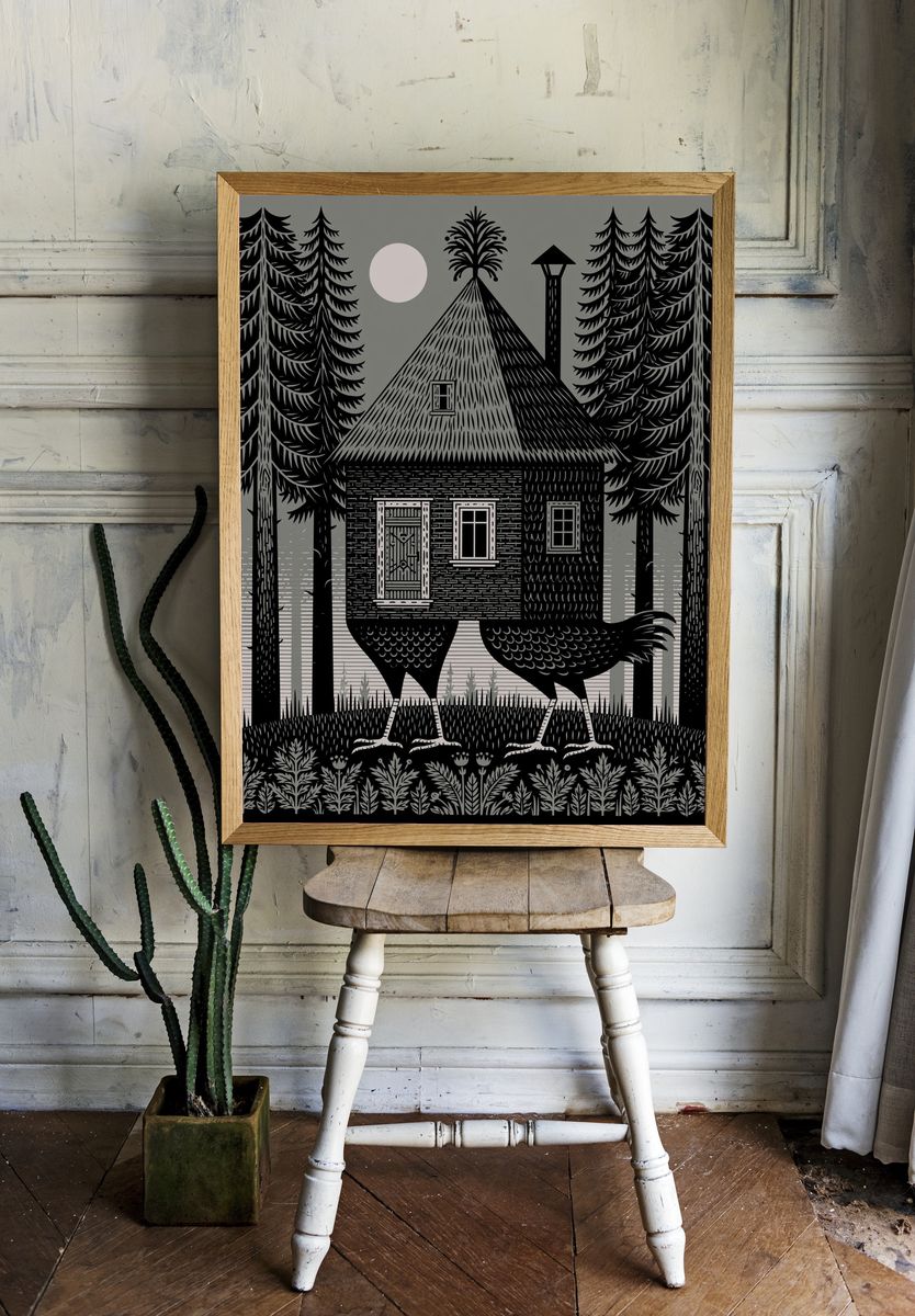 Forest Cabin and Bird Illustration Poster. room preview