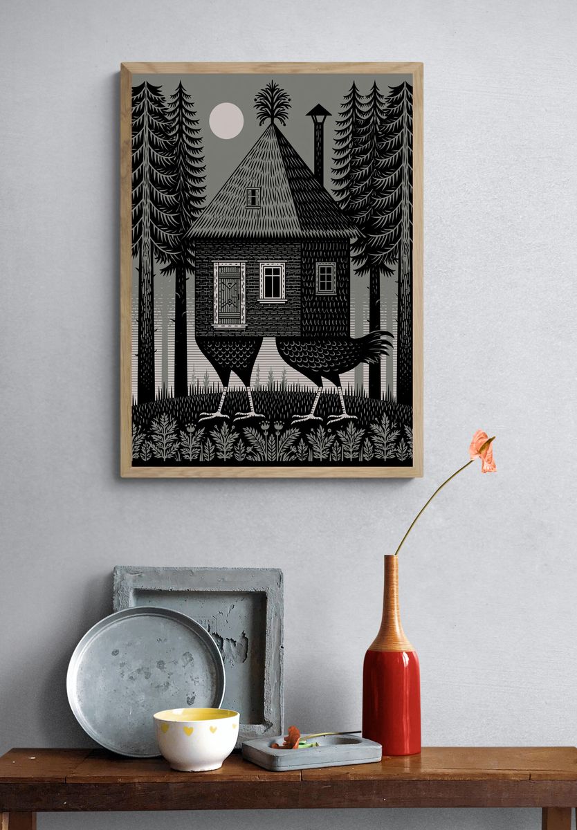 Forest Cabin and Bird Illustration Poster. — room view 3