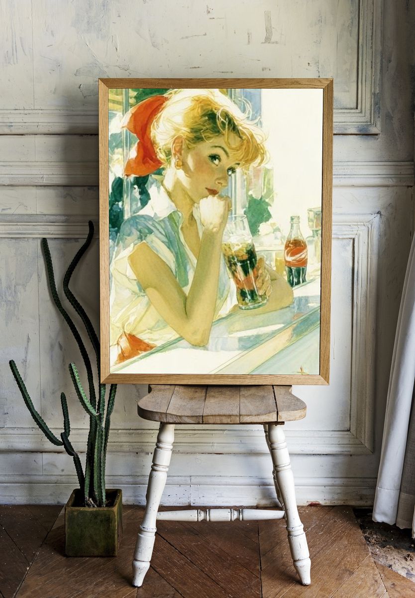 Retro Woman with Soda Watercolor Poster. room preview