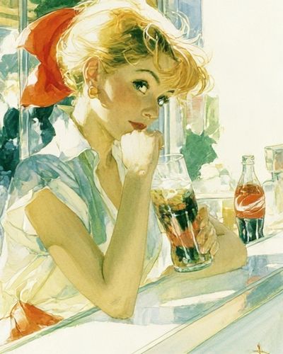Retro Woman with Soda Watercolor Poster.