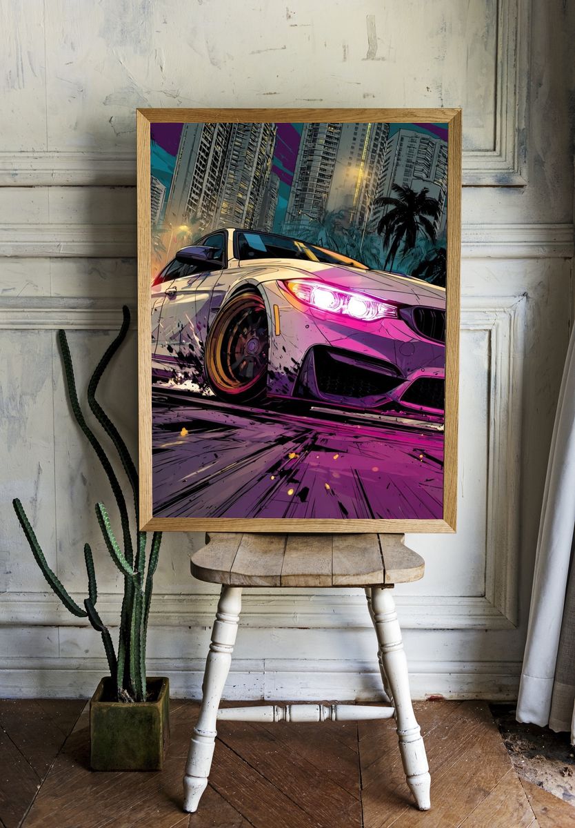 Neon Drift City Car Illustration Poster. room preview