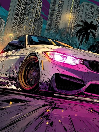 Neon Drift City Car Illustration Poster. poster print