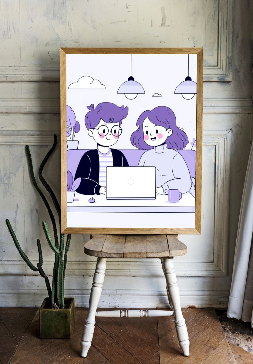 Cozy Couple Laptop Illustration Poster. room preview