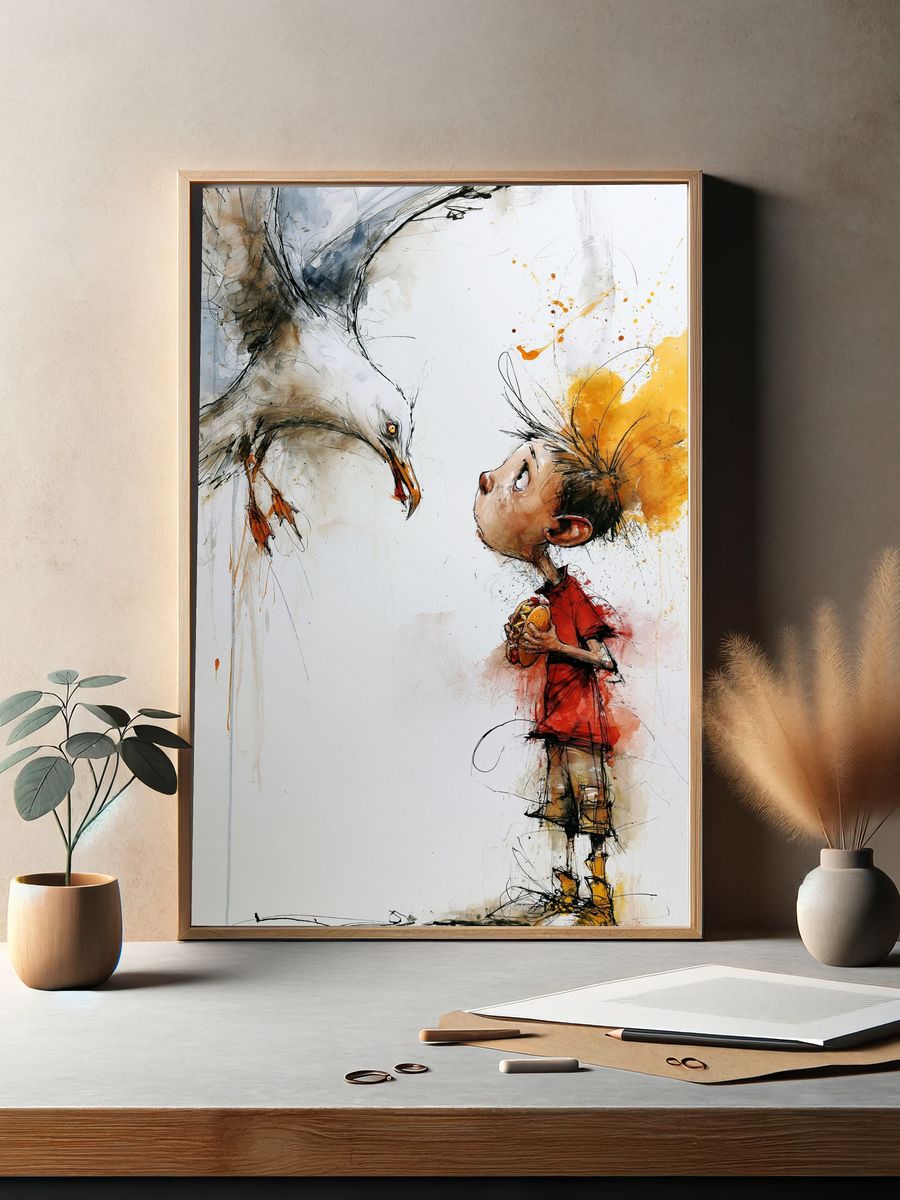 Boy and Seagull Illustration Poster. — room view 2
