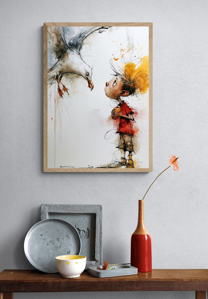 Boy and Seagull Illustration Poster. — room view 3