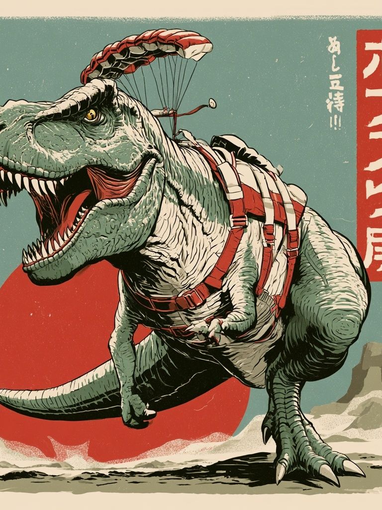Parachuting T-Rex Retro Poster. poster — illustration art