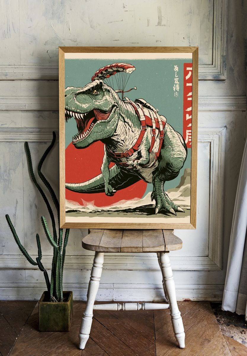 Parachuting T-Rex Retro Poster. — room view 1