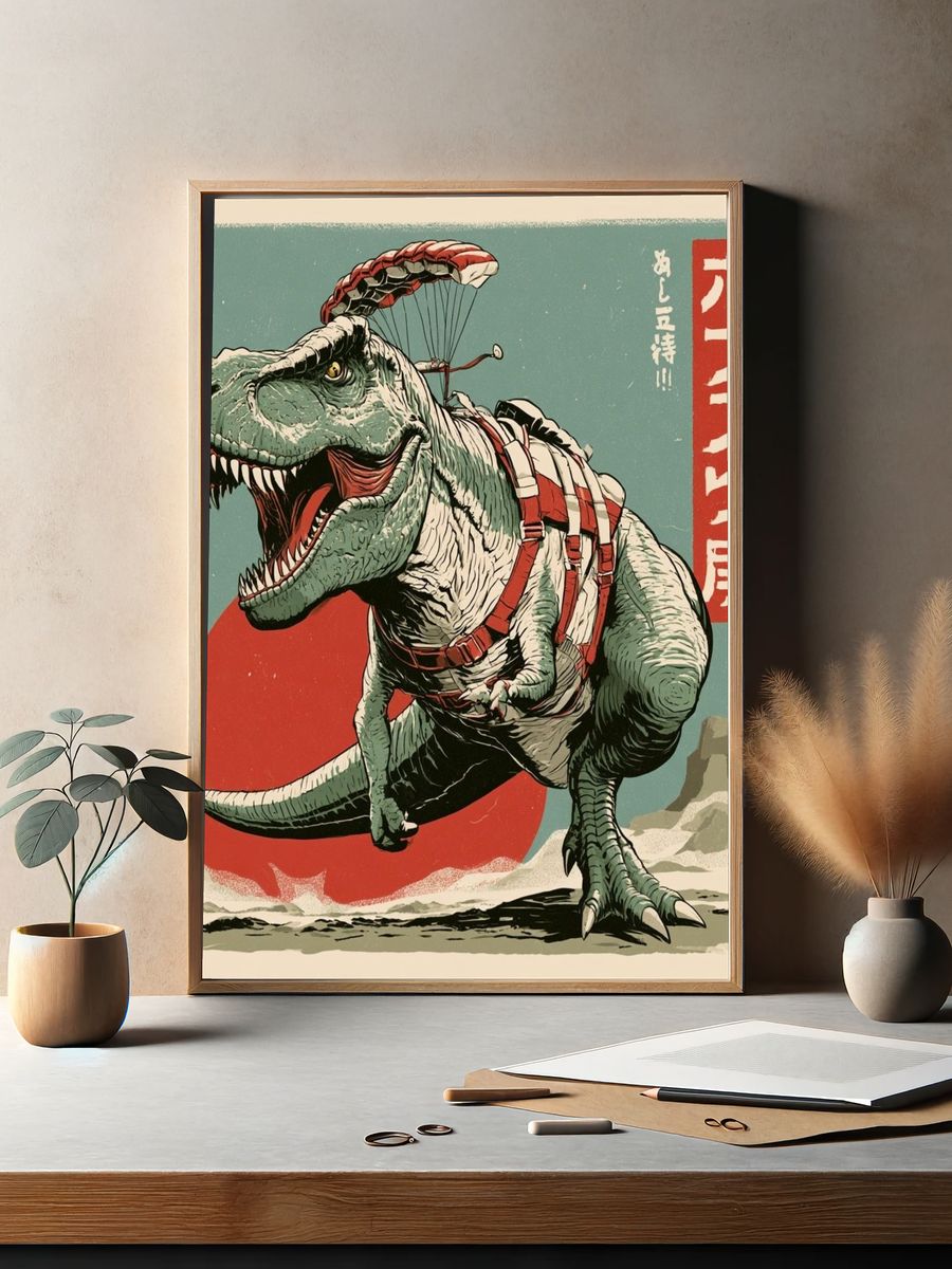 Parachuting T-Rex Retro Poster. — room view 2