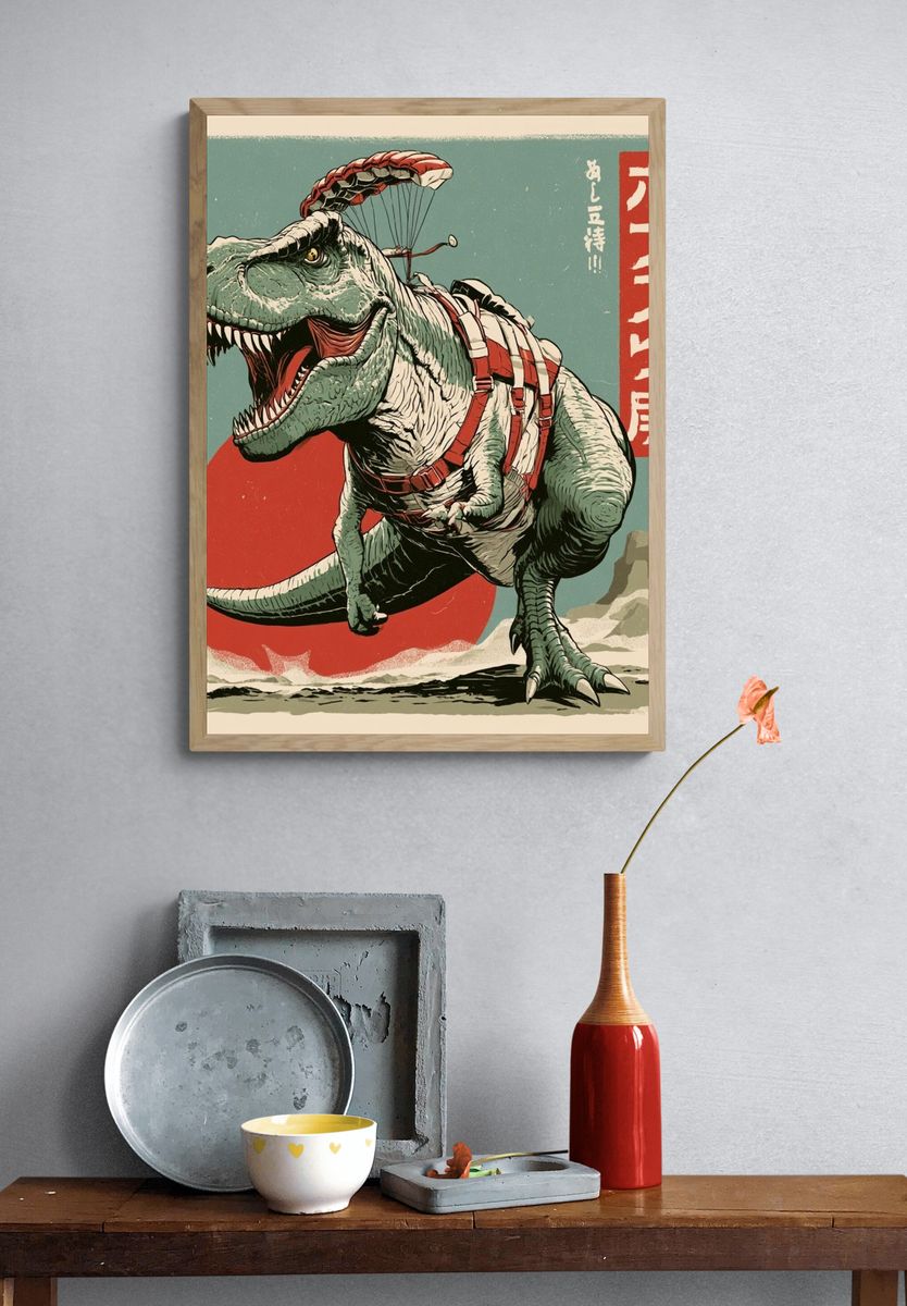 Parachuting T-Rex Retro Poster. — room view 3