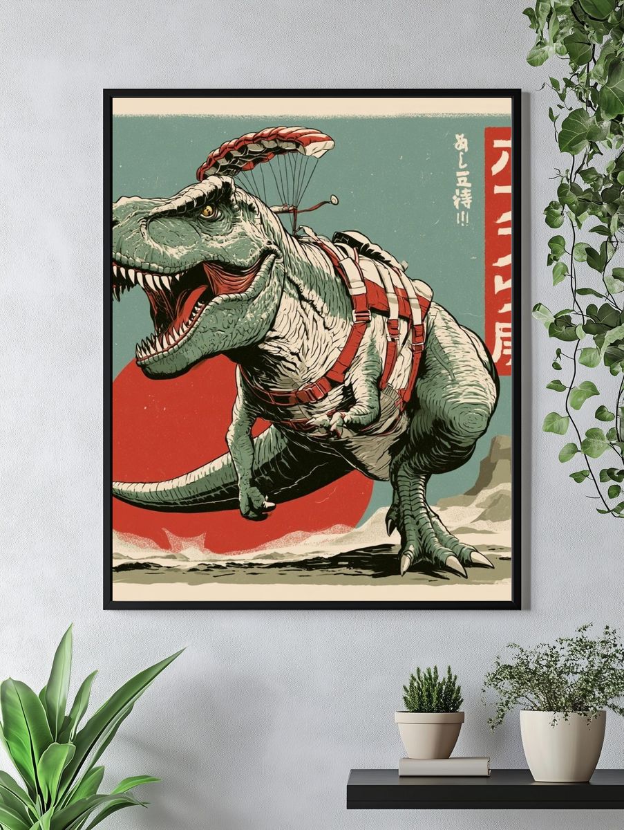 Parachuting T-Rex Retro Poster. — room view 4