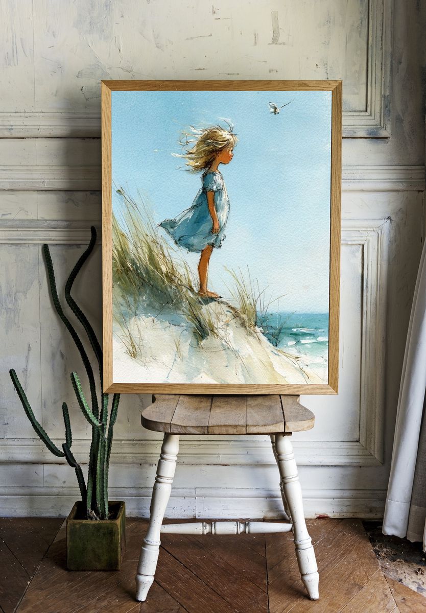 Girl on the Dune Watercolor Print. room preview
