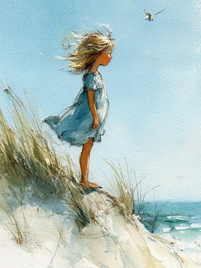 Girl on the Dune Watercolor Print. poster print