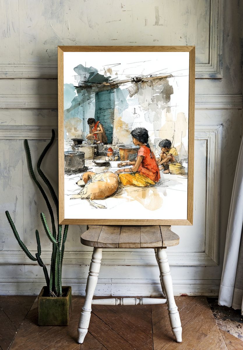 Village Life Watercolor Print. room preview
