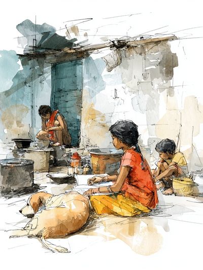 Village Life Watercolor Print. poster