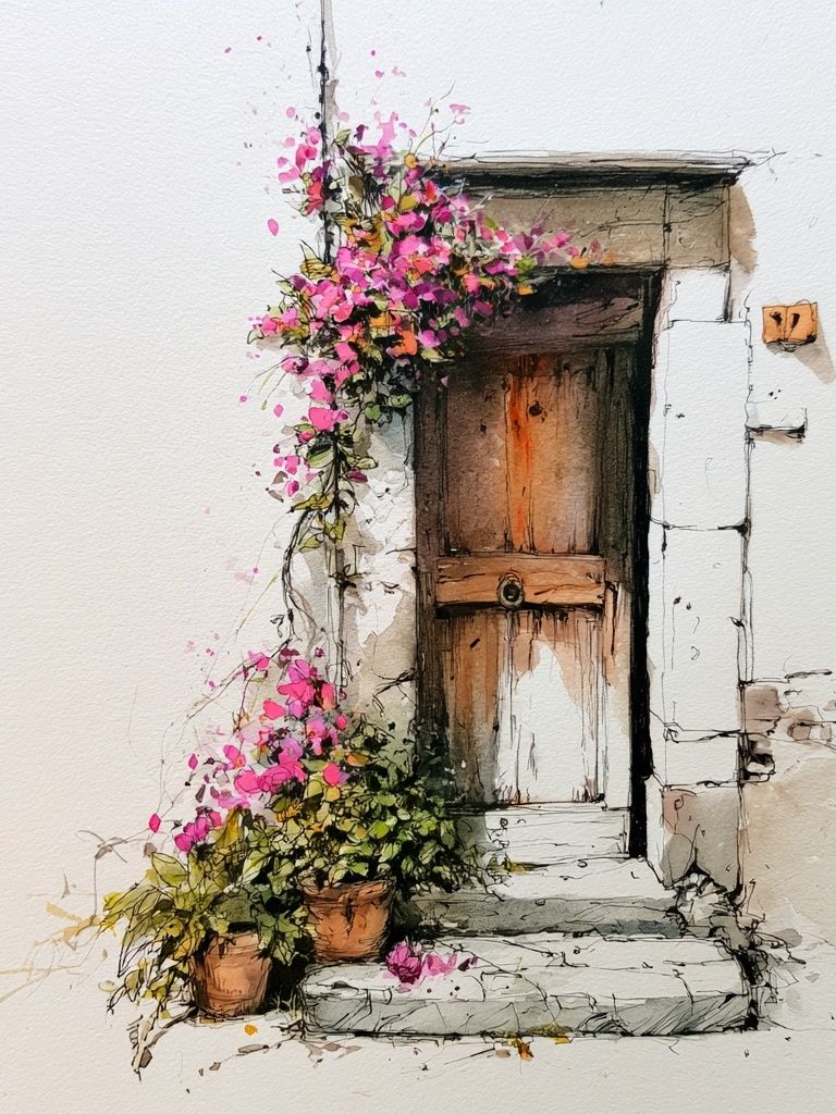 Bougainvillea Doorway Watercolor Print. poster — illustration art