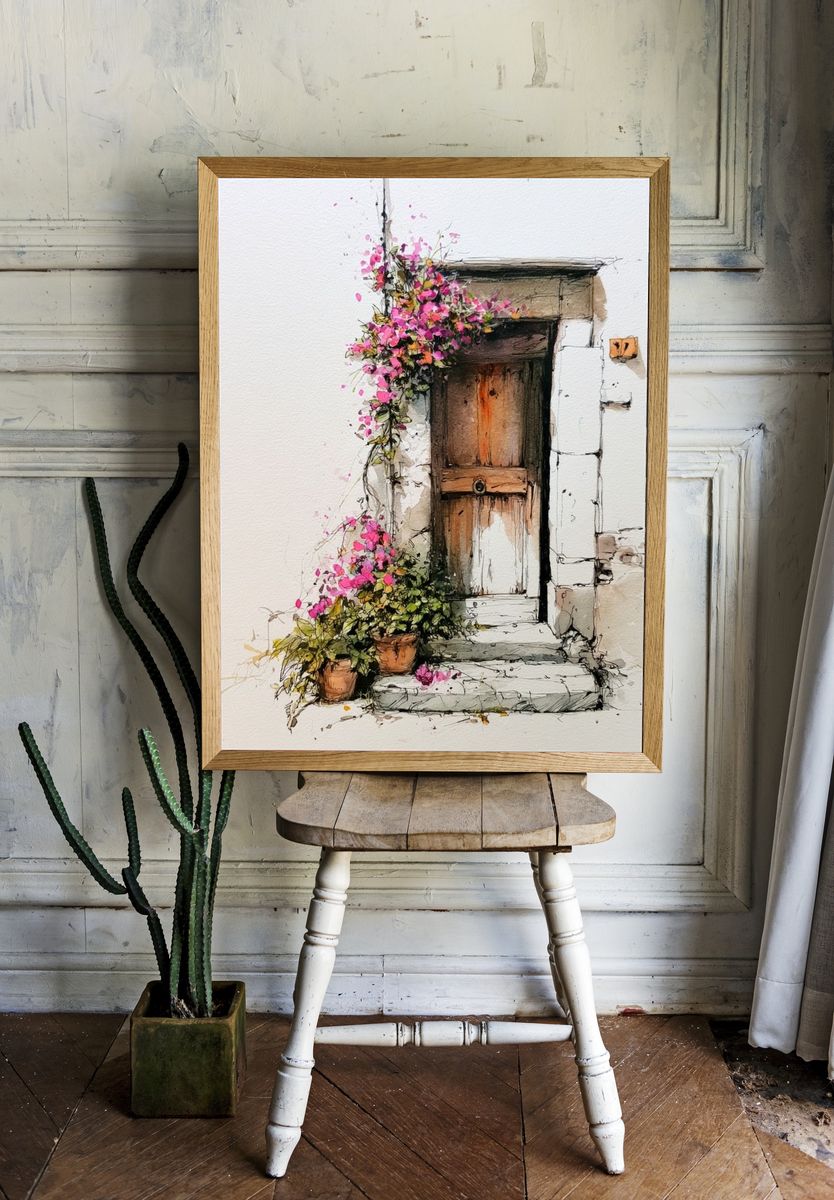 Bougainvillea Doorway Watercolor Print. room preview
