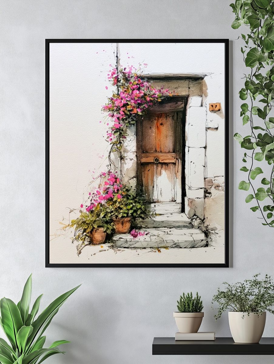 Bougainvillea Doorway Watercolor Print. — room view 4