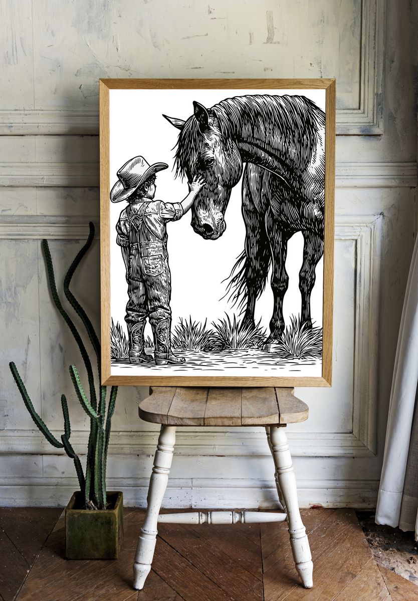 Cowboy and Horse Line Art Poster. room preview