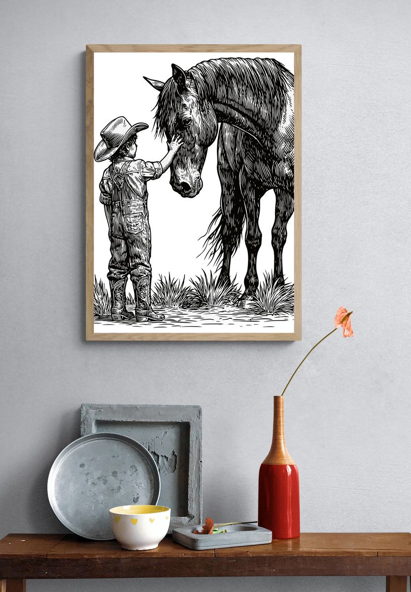 Cowboy and Horse Line Art Poster. — room view 3