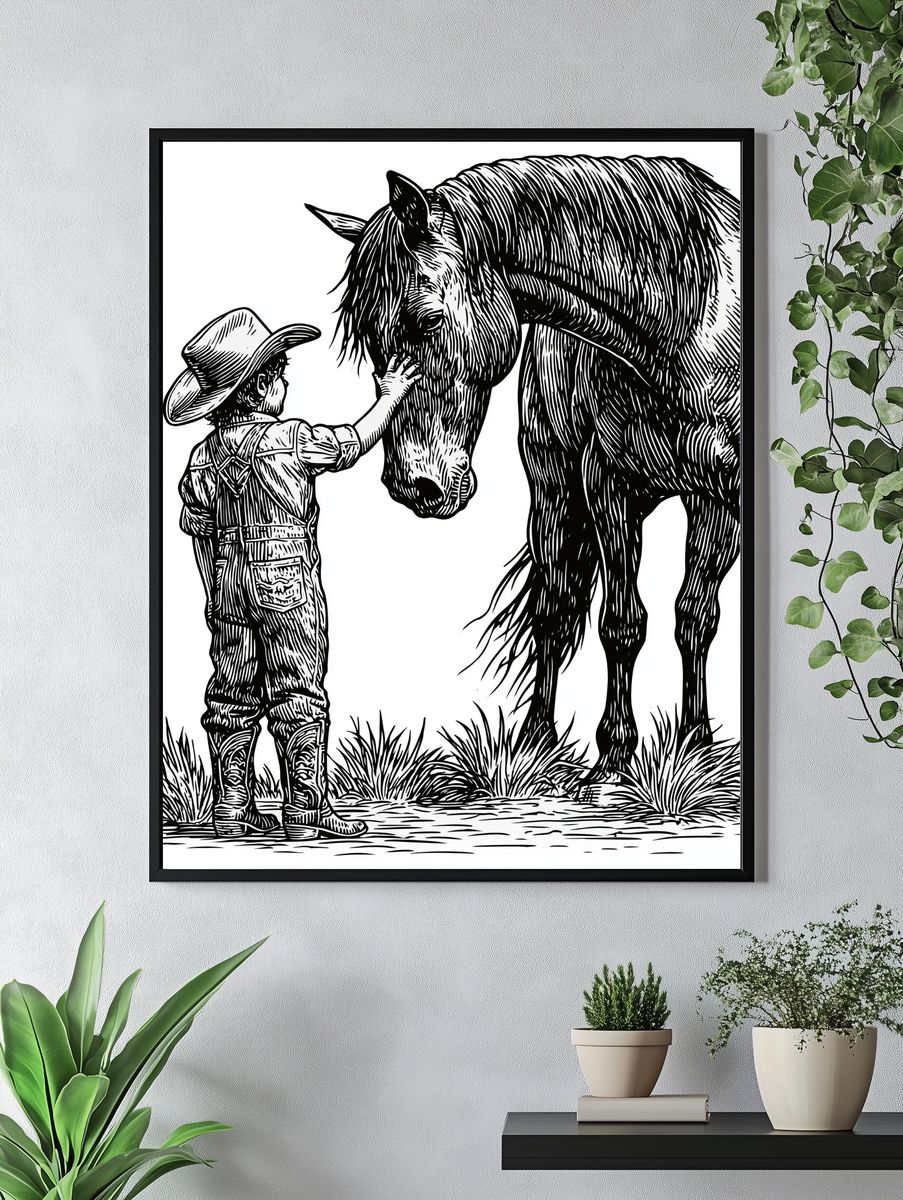 Cowboy and Horse Line Art Poster. — room view 4