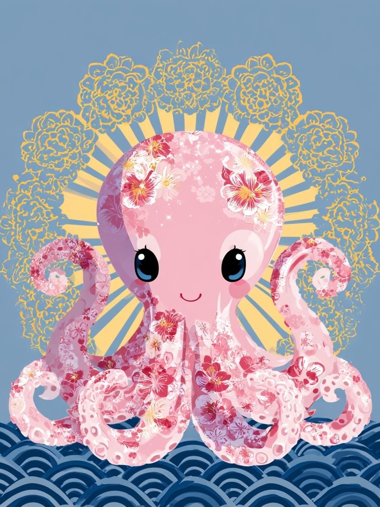 Floral Octopus Kawaii Print. poster detail