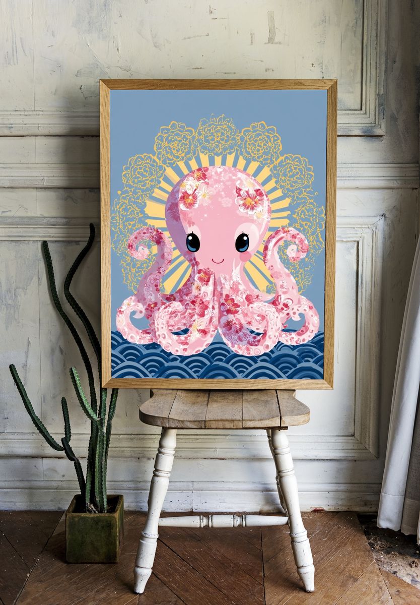 Floral Octopus Kawaii Print. room preview