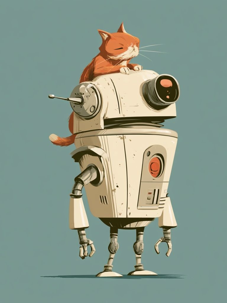Cat on Robot Illustration Poster. poster — illustration art
