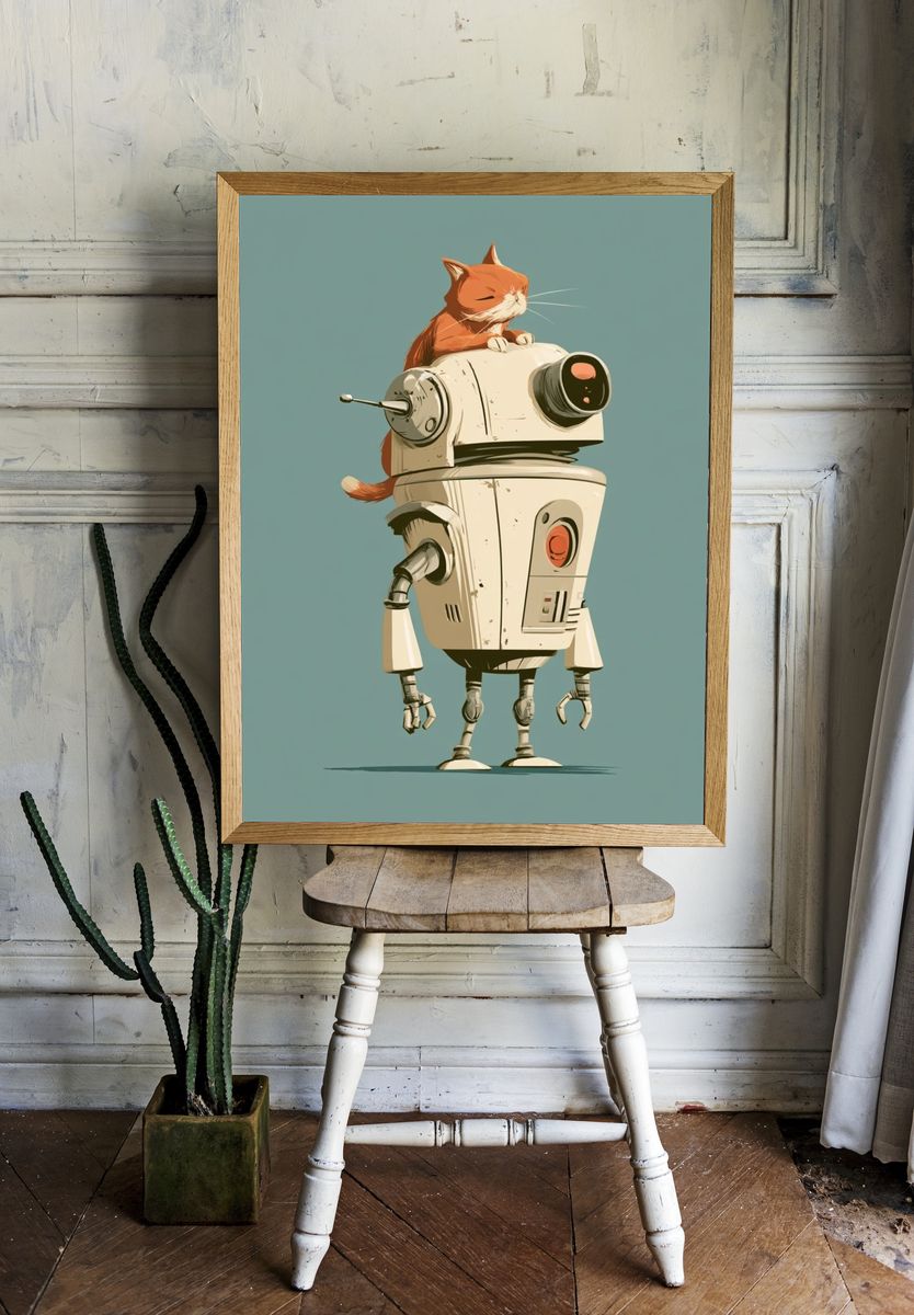 Cat on Robot Illustration Poster. — room view 1