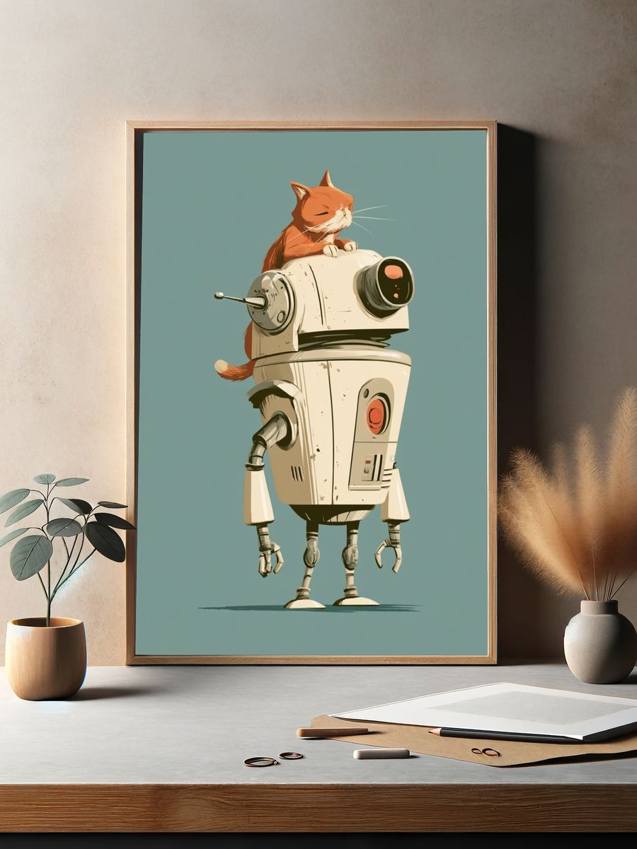 Cat on Robot Illustration Poster. — room view 2