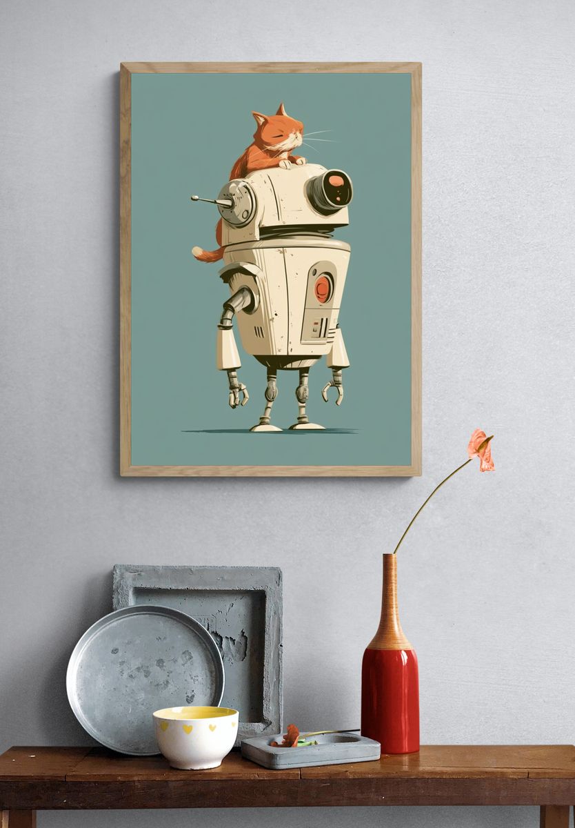Cat on Robot Illustration Poster. — room view 3