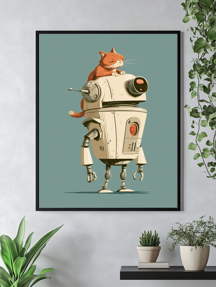 Cat on Robot Illustration Poster. — room view 4