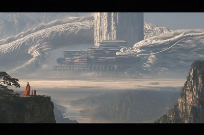 Celestial Mountain Temple Illustration Print. poster